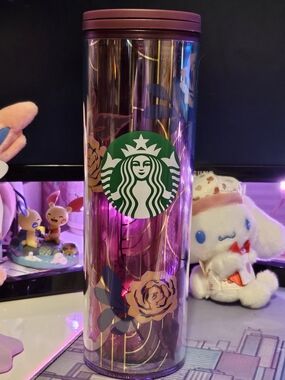 Starbucks Iridescent Purple Floral Tumbler with Green Logo